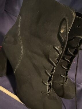 Black Lace-Up Suede Ankle Boots - Women's